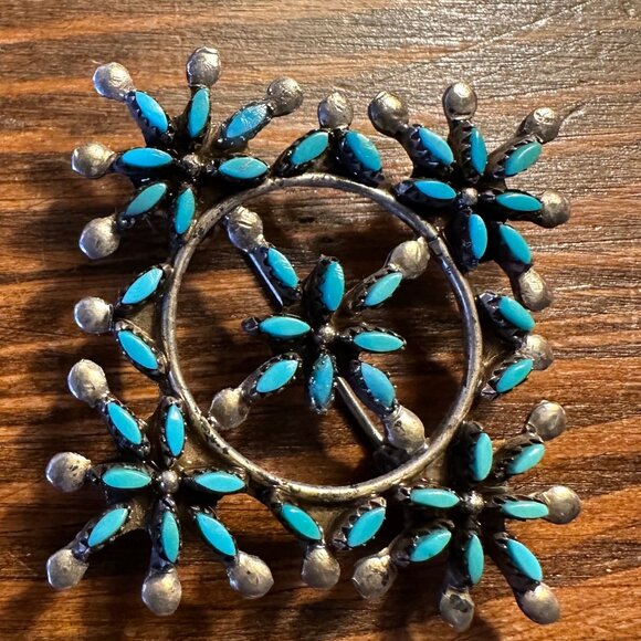 Vintage Signed Zuni Petit Point Pin-Pendant — Sleeping Beauty Turquoise & Silver - Picture 2 of 10
